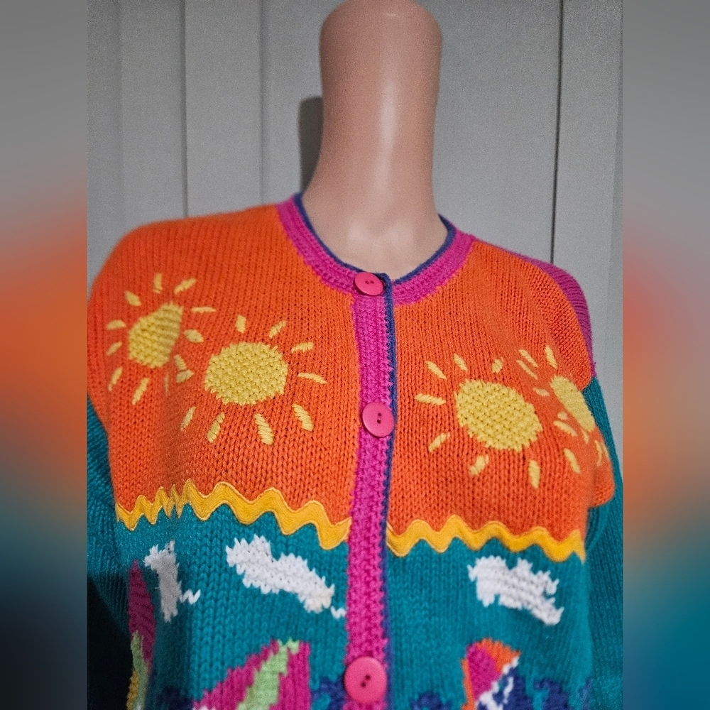 Vintage Hand Knit Beach Scene Cardigan – Statement Graphic Sweater. S/M - Picture 5 of 16